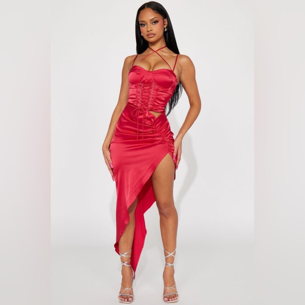 Red Satin Dress with Lace-Up Detail